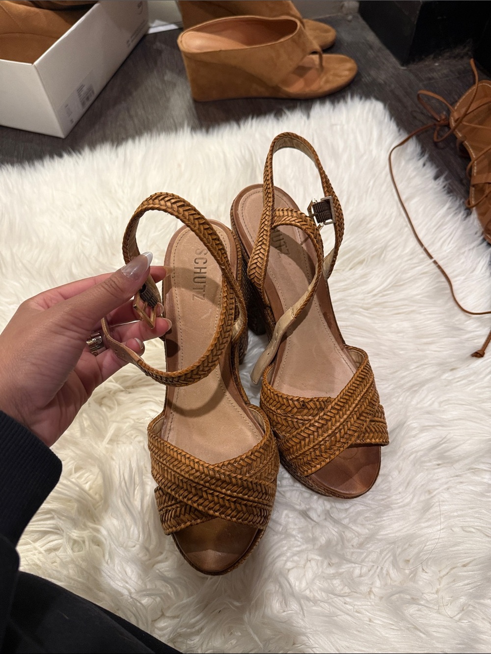 SCHUTZ Braided Wedge Slingback Sandals in Brown